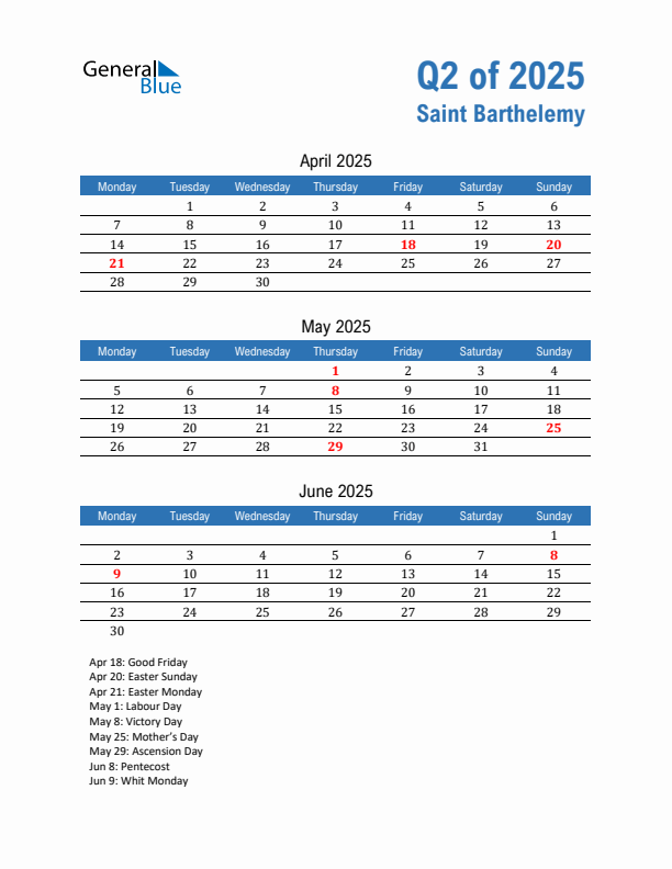 Saint Barthelemy 2025 Quarterly Calendar with Monday Start