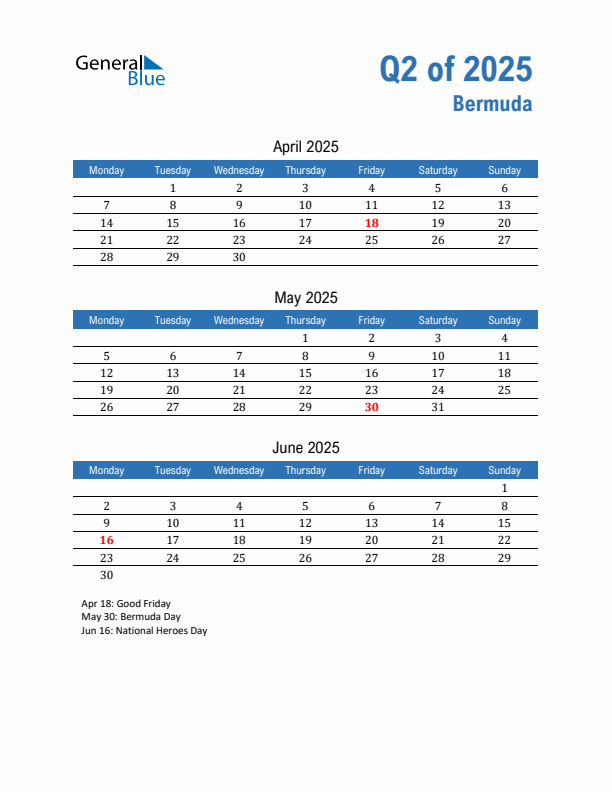 Bermuda 2025 Quarterly Calendar with Monday Start