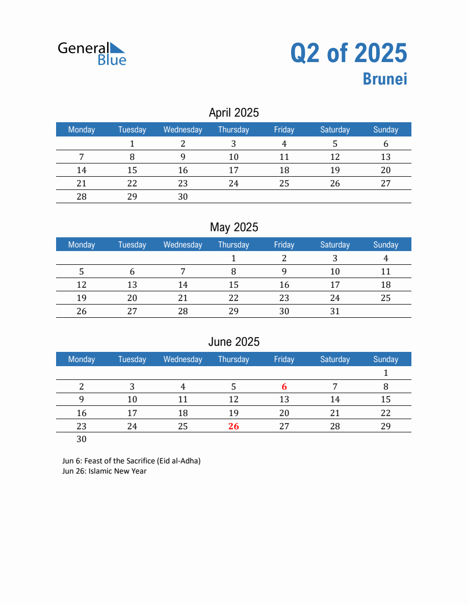 Brunei 2025 Quarterly Calendar with Monday Start