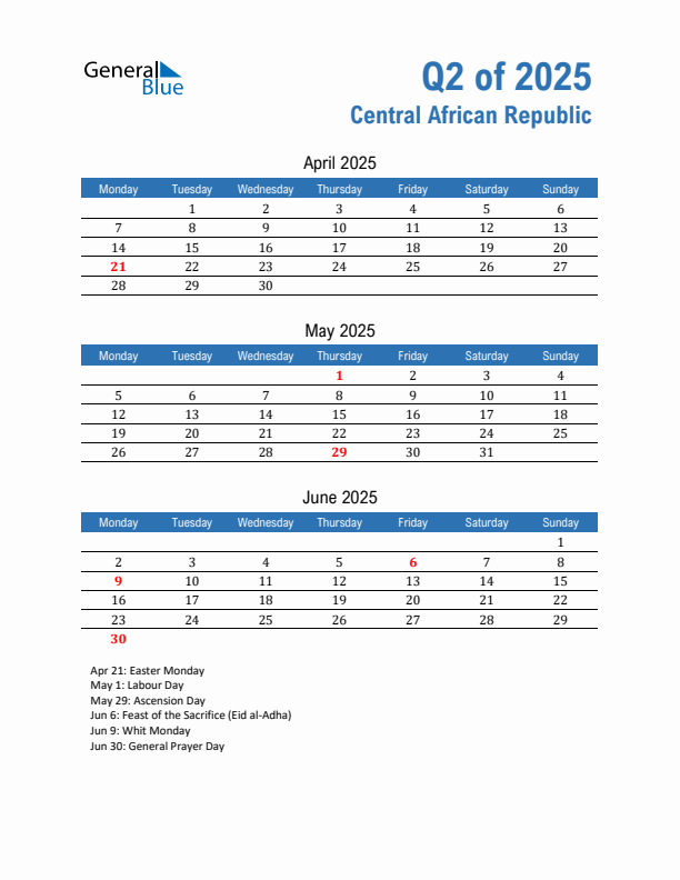 Central African Republic 2025 Quarterly Calendar with Monday Start