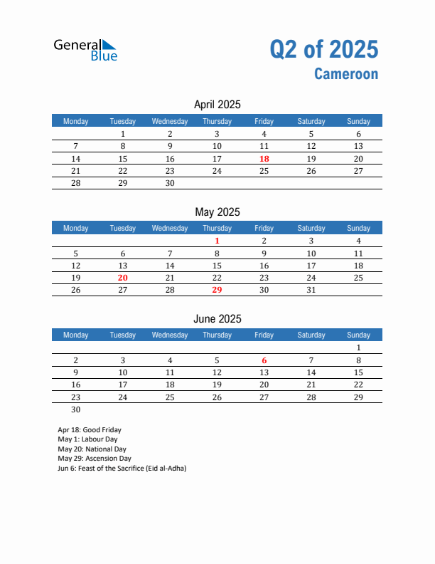 Cameroon 2025 Quarterly Calendar with Monday Start