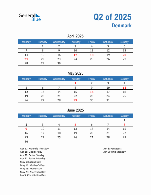 Denmark 2025 Quarterly Calendar with Monday Start