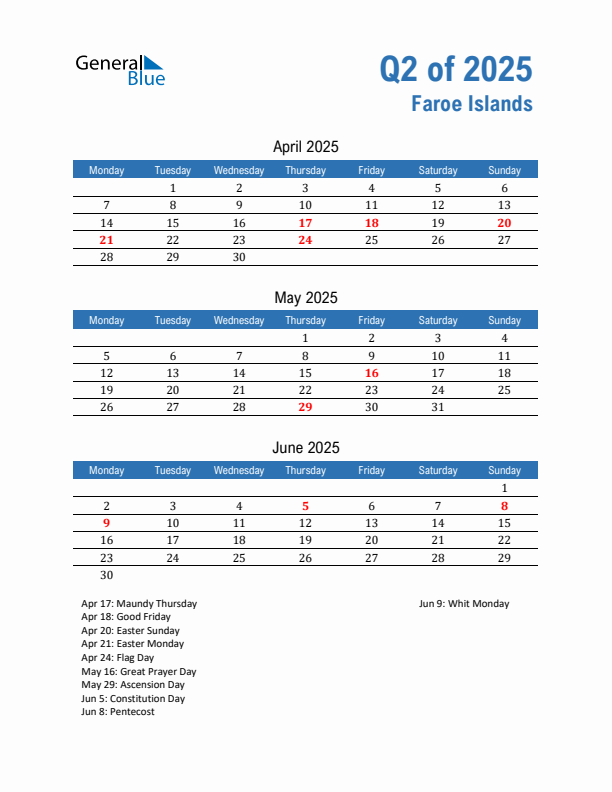 Faroe Islands 2025 Quarterly Calendar with Monday Start