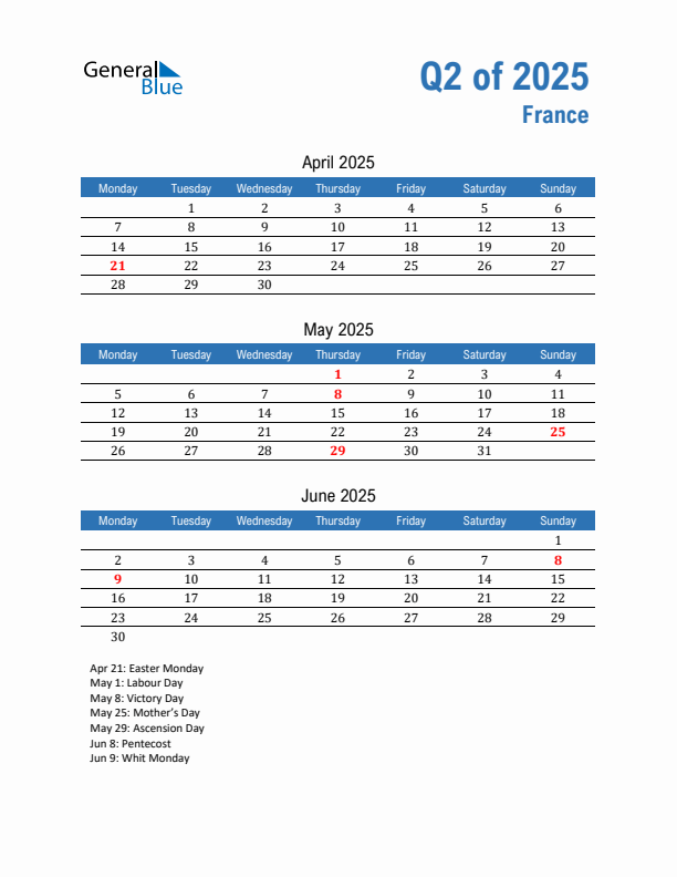 France 2025 Quarterly Calendar with Monday Start