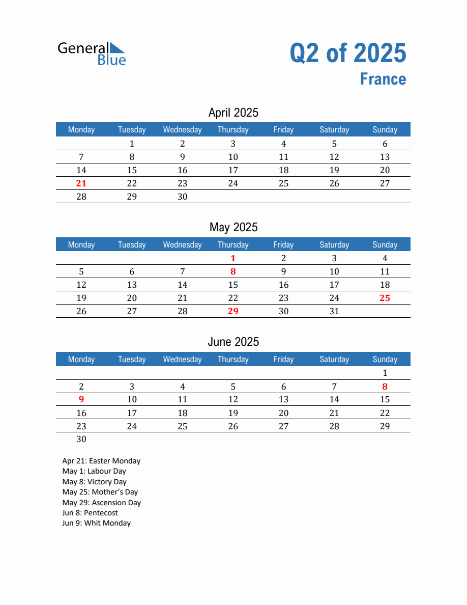 France 2025 Quarterly Calendar with Monday Start