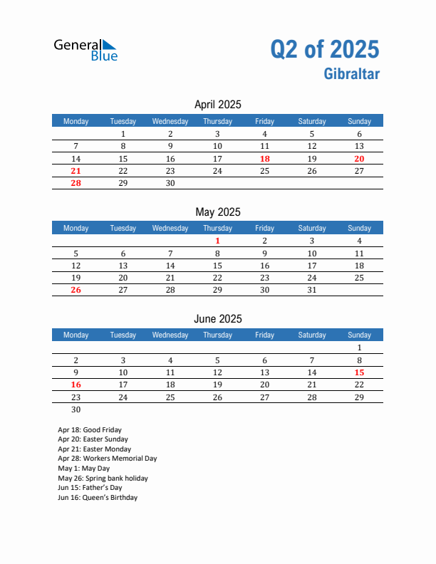 Gibraltar 2025 Quarterly Calendar with Monday Start