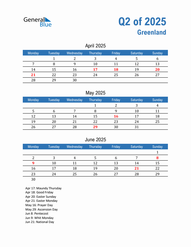 Greenland 2025 Quarterly Calendar with Monday Start