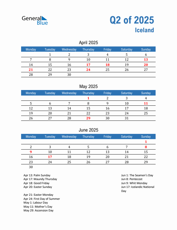 Iceland 2025 Quarterly Calendar with Monday Start