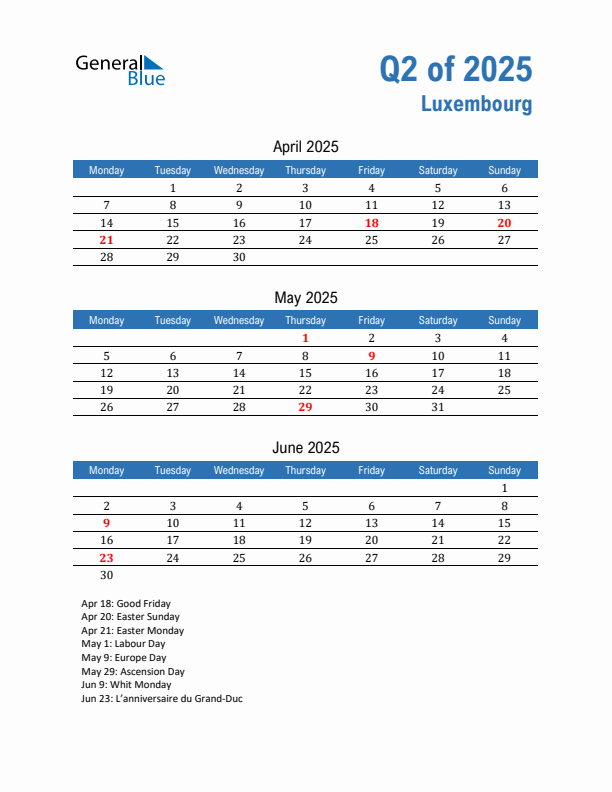 Luxembourg 2025 Quarterly Calendar with Monday Start