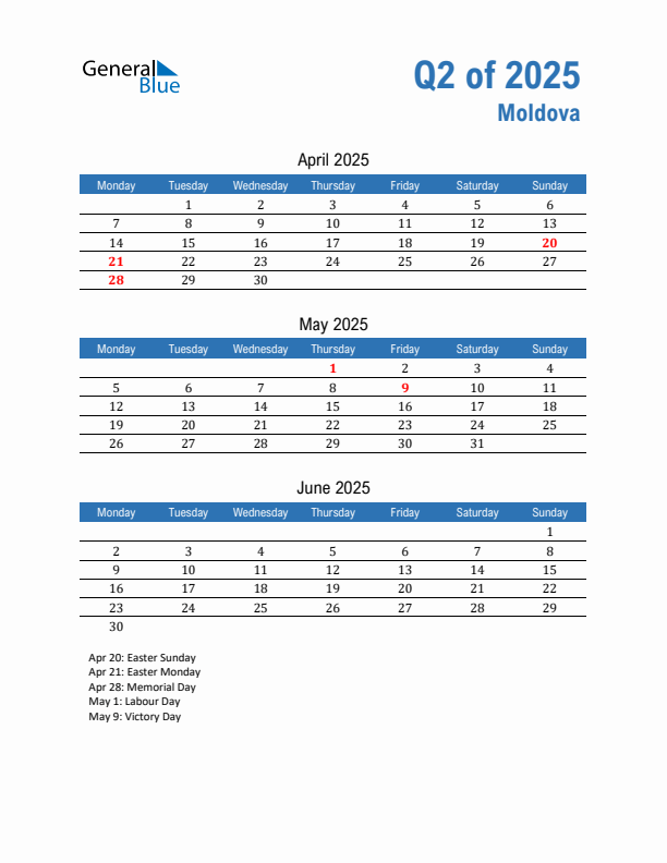 Moldova 2025 Quarterly Calendar with Monday Start