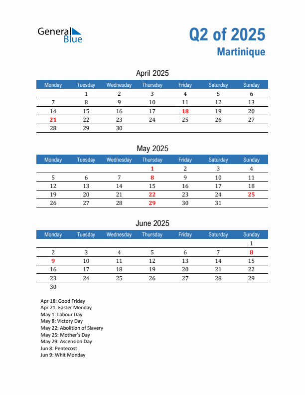 Martinique 2025 Quarterly Calendar with Monday Start