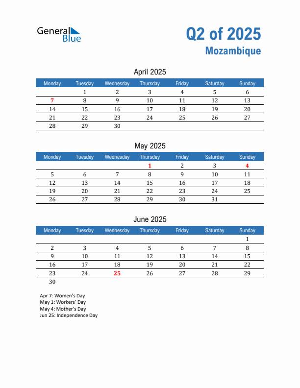 Mozambique 2025 Quarterly Calendar with Monday Start