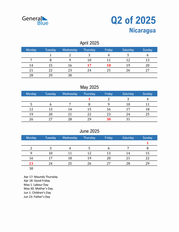 Nicaragua 2025 Quarterly Calendar with Monday Start