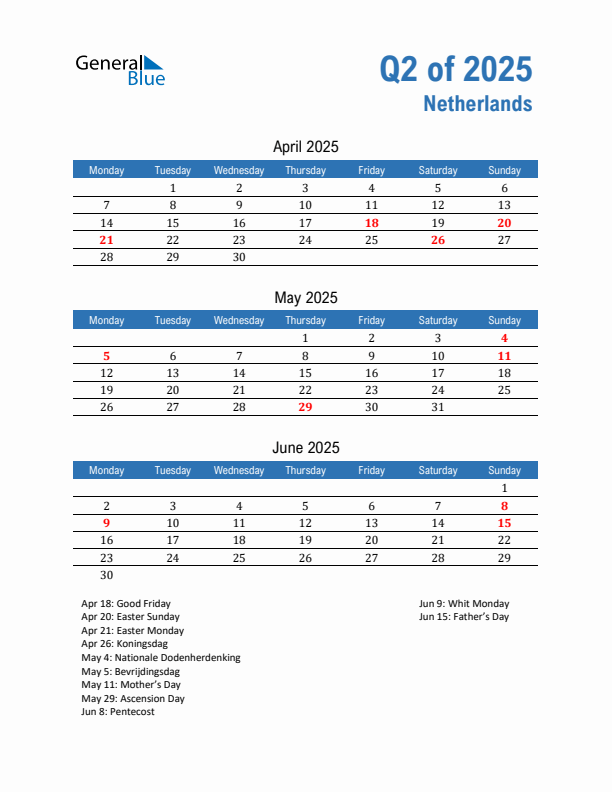 Netherlands 2025 Quarterly Calendar with Monday Start