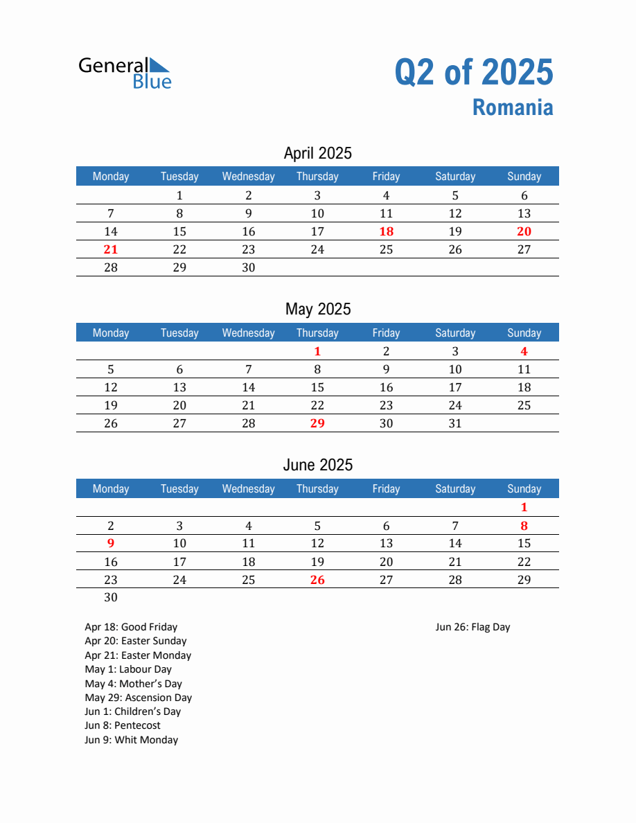 Romania 2025 Quarterly Calendar with Monday Start