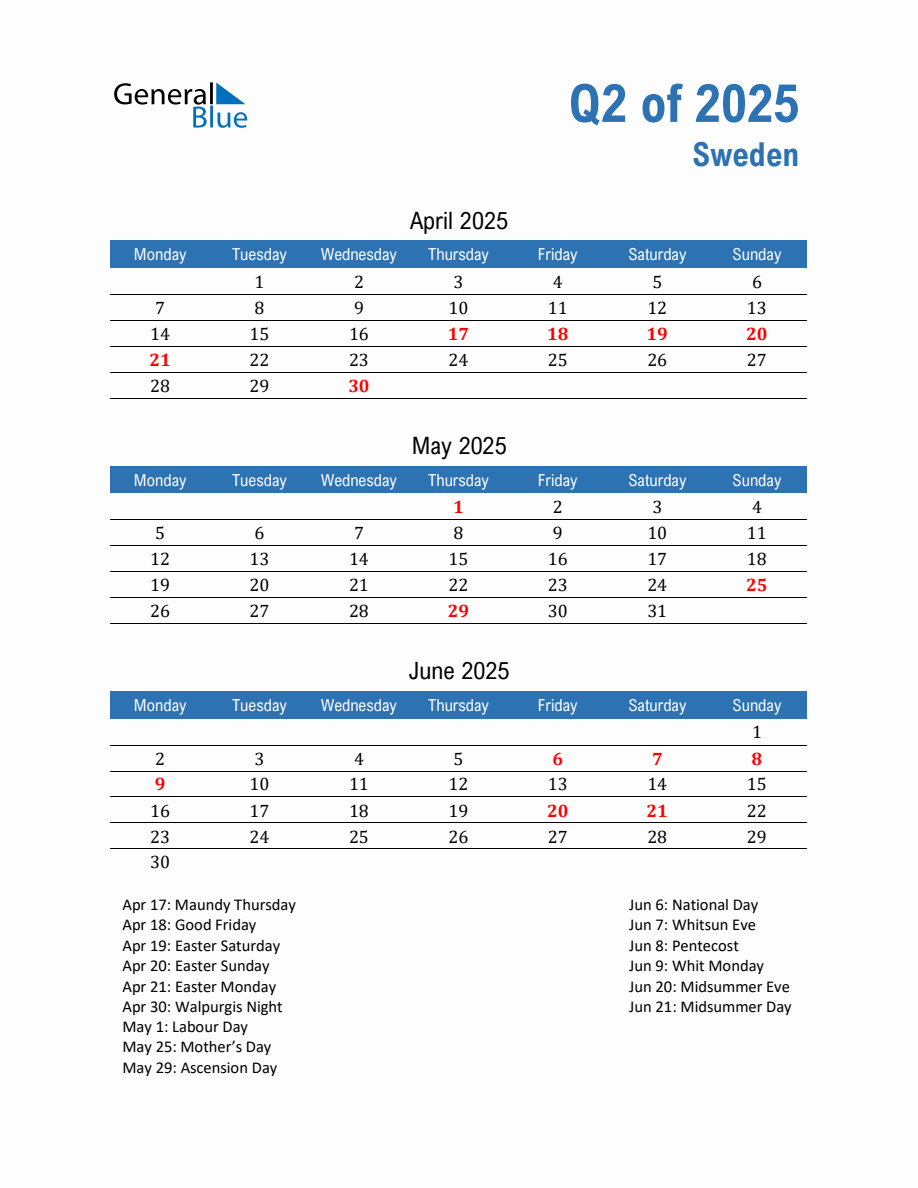 Sweden 2025 Quarterly Calendar with Monday Start