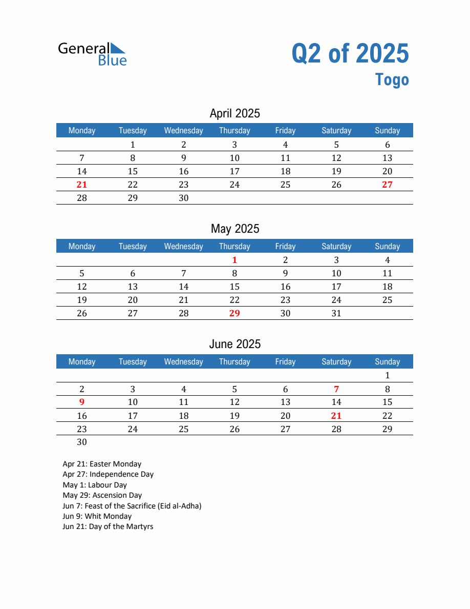 Togo 2025 Quarterly Calendar with Monday Start