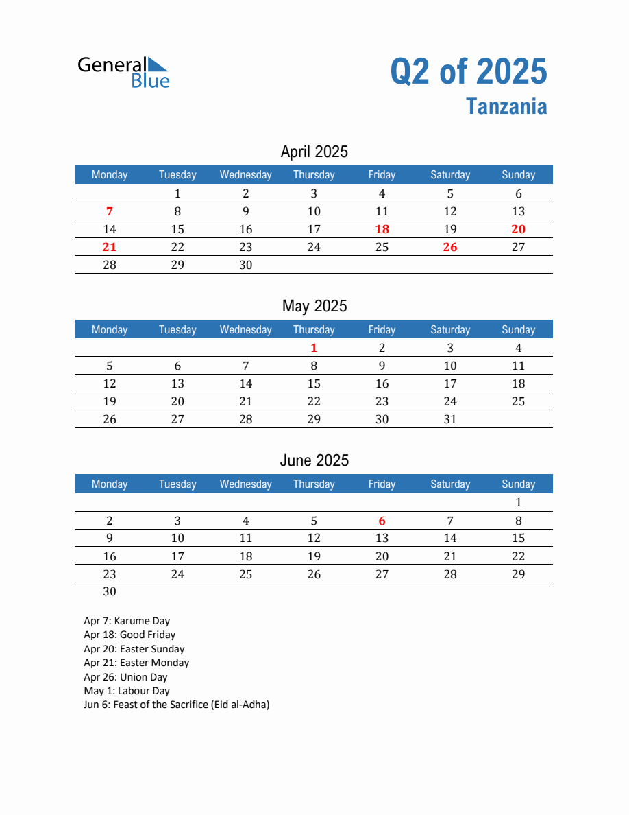 Tanzania 2025 Quarterly Calendar with Monday Start