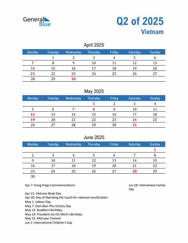 Vietnam 2025 Quarterly Calendar with Monday Start