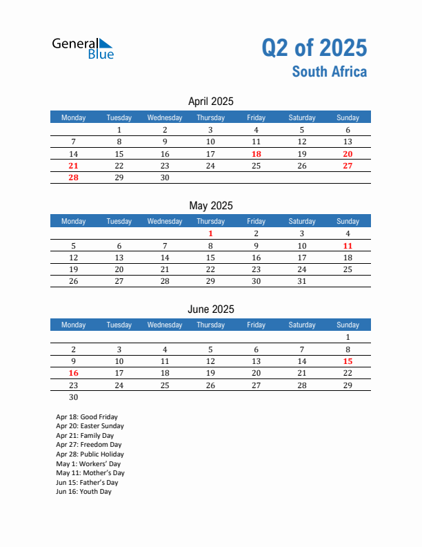 South Africa 2025 Quarterly Calendar with Monday Start