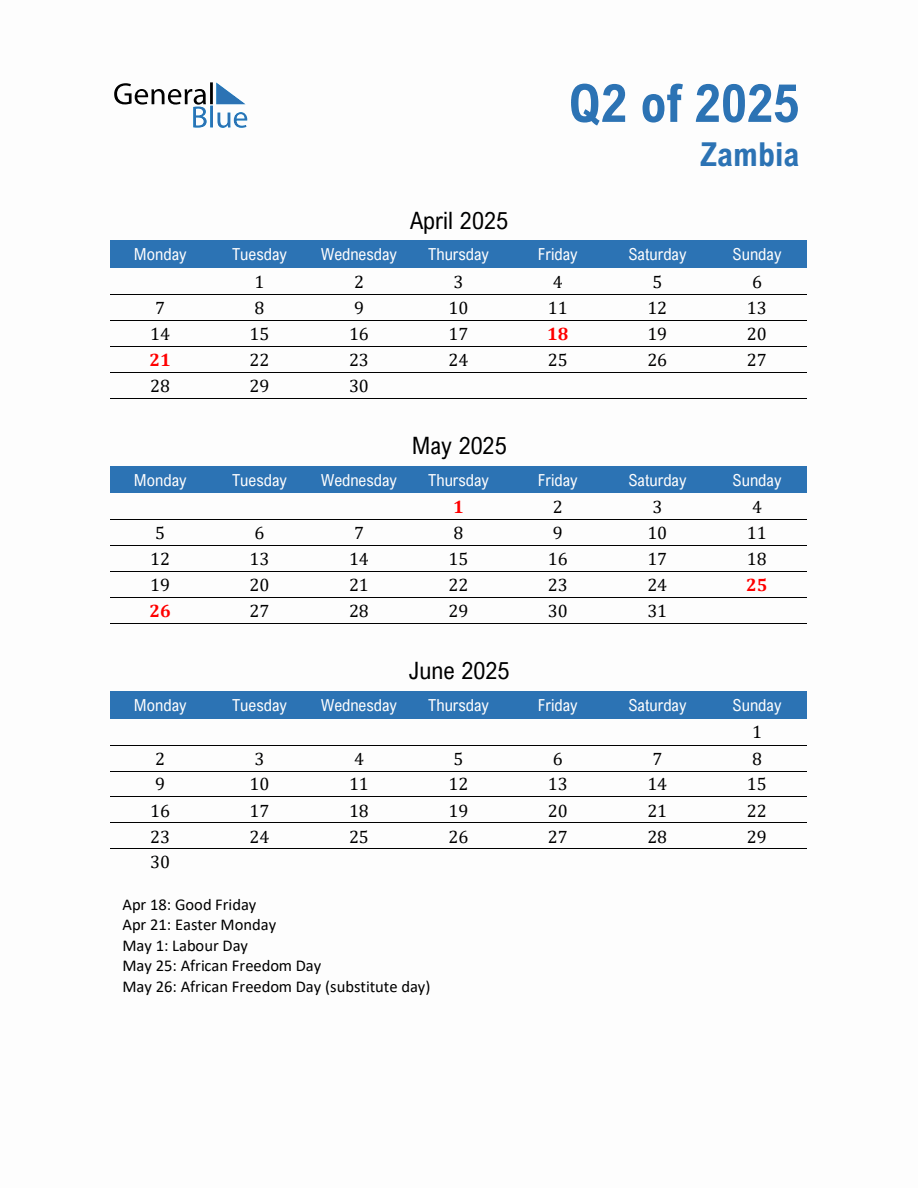 Zambia 2025 Quarterly Calendar with Monday Start