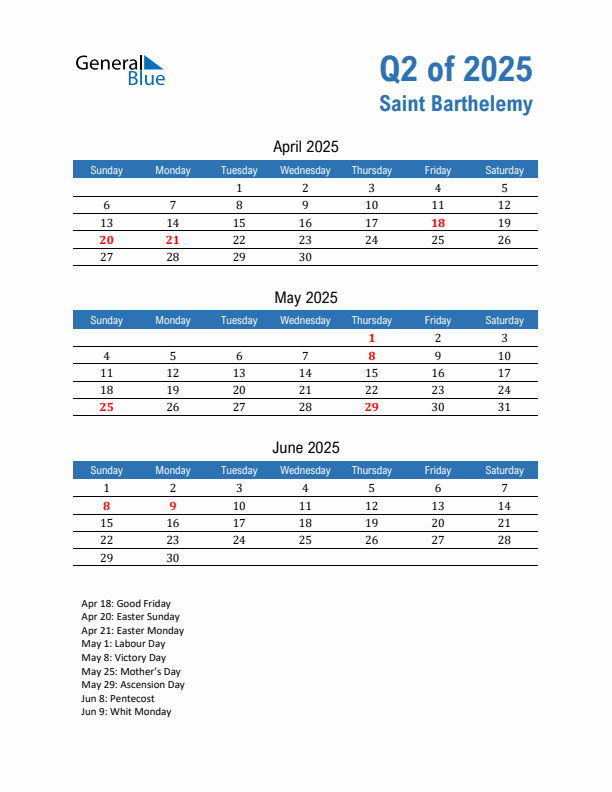 Saint Barthelemy 2025 Quarterly Calendar with Sunday Start