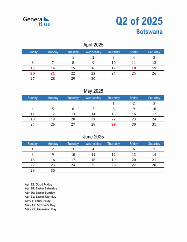 Botswana 2025 Quarterly Calendar with Sunday Start