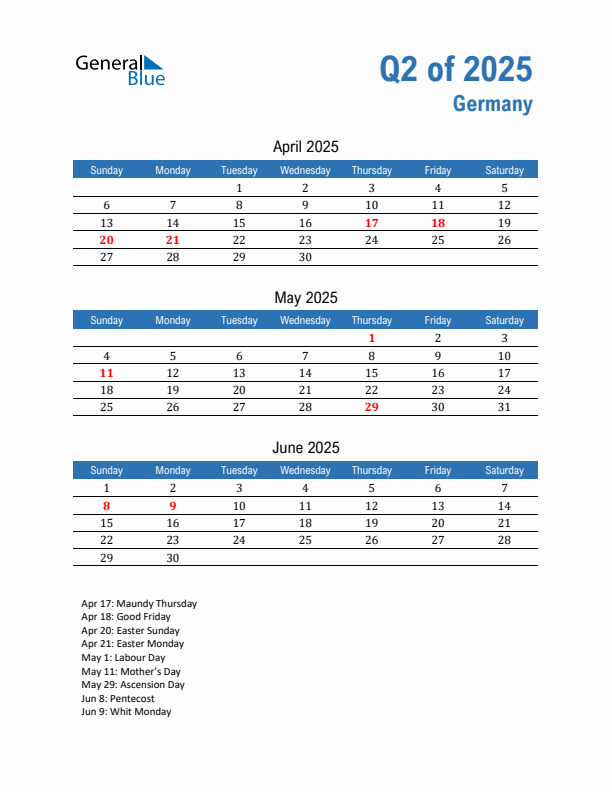 Germany 2025 Quarterly Calendar with Sunday Start