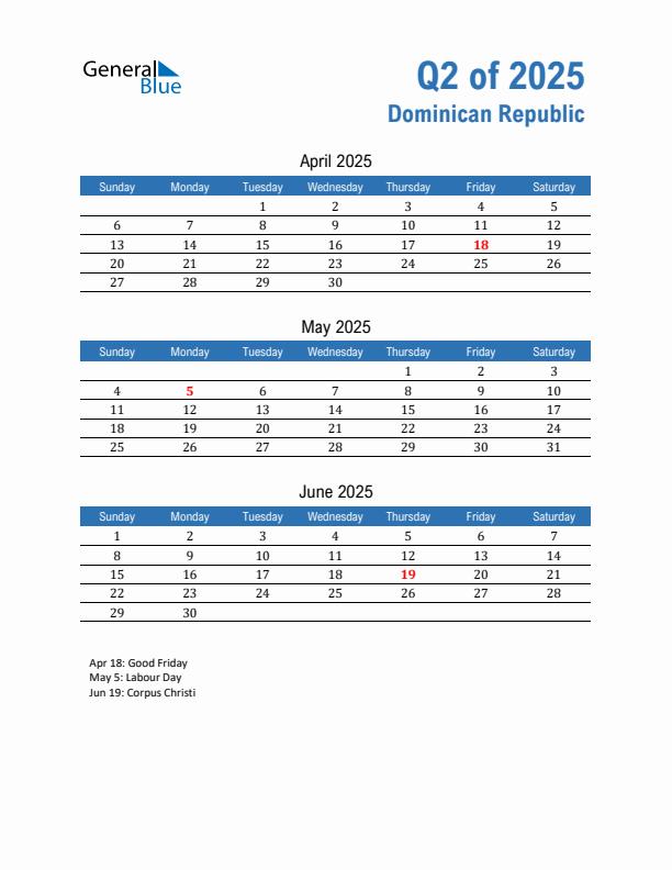Dominican Republic 2025 Quarterly Calendar with Sunday Start