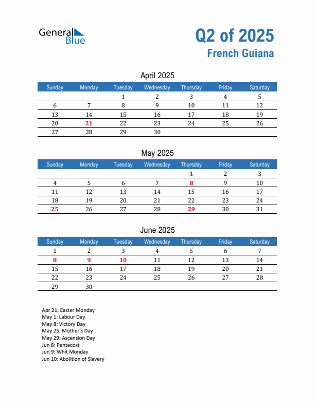 French Guiana 2025 Quarterly Calendar with Sunday Start