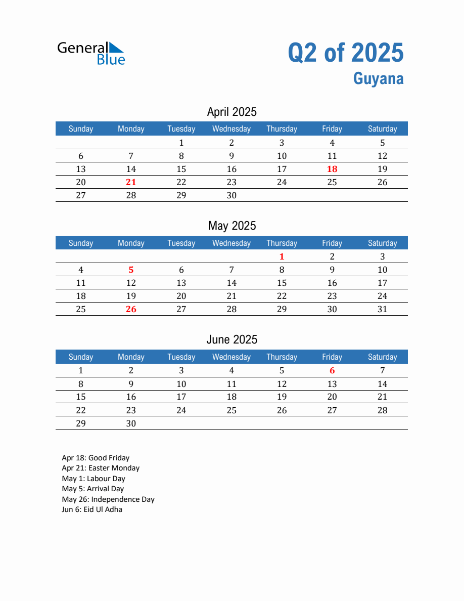 Guyana 2025 Quarterly Calendar with Sunday Start