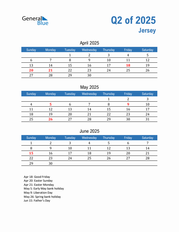 Jersey 2025 Quarterly Calendar with Sunday Start