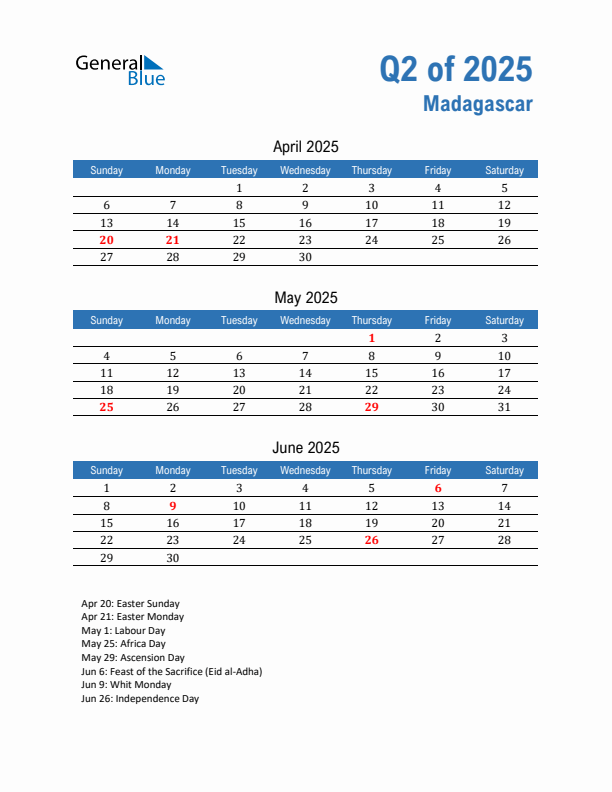Madagascar 2025 Quarterly Calendar with Sunday Start