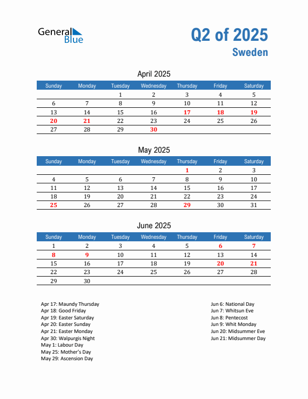 Sweden 2025 Quarterly Calendar with Sunday Start