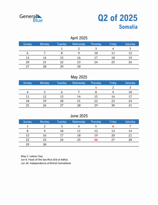 Somalia 2025 Quarterly Calendar with Sunday Start