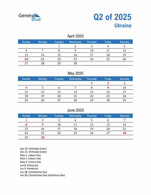 Ukraine 2025 Quarterly Calendar with Sunday Start