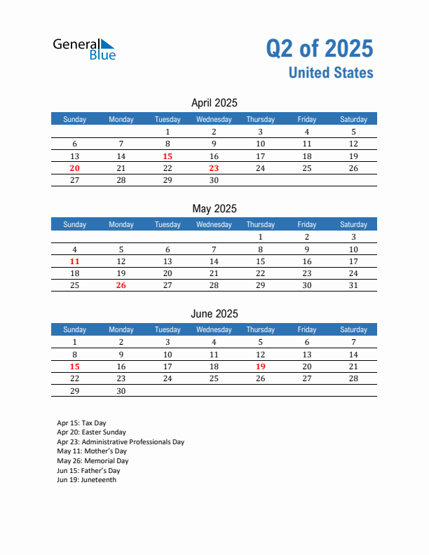 Q2 2025 Quarterly Calendar with United States Holidays (PDF, Excel, Word)
