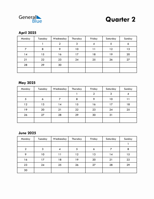 Quarter 2 2025 Calendar - Monday Start