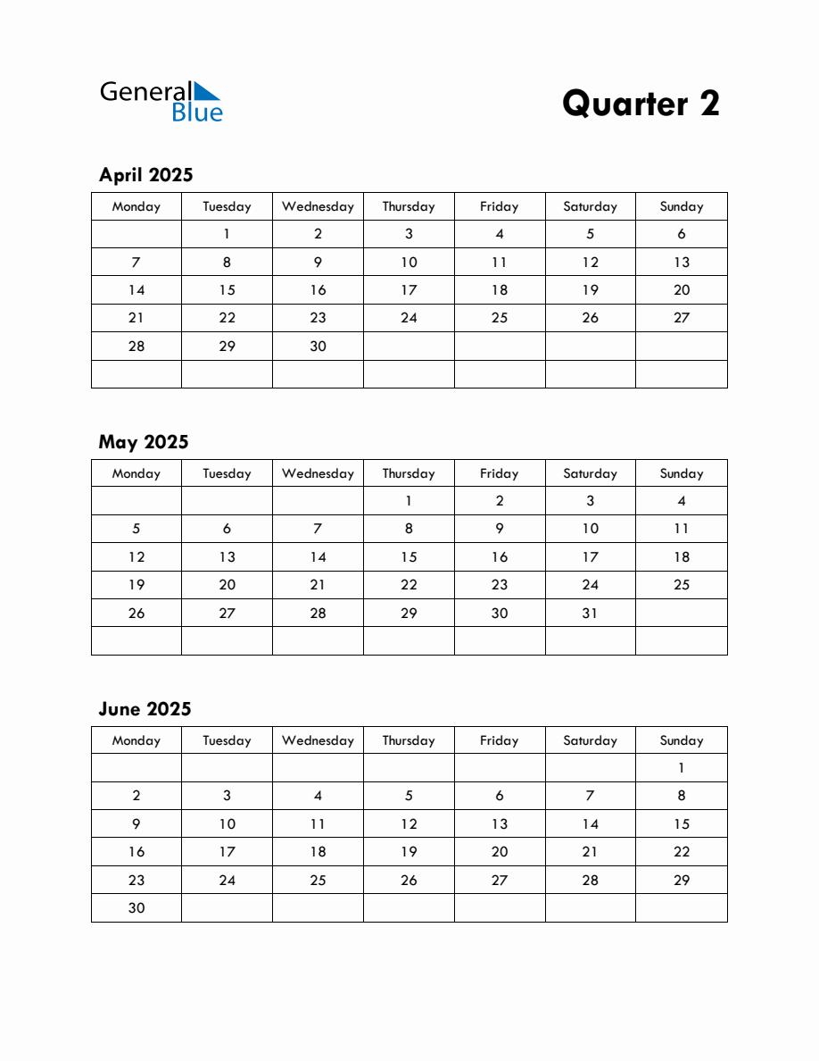 Quarter 2 2025 Calendar with Monday Start