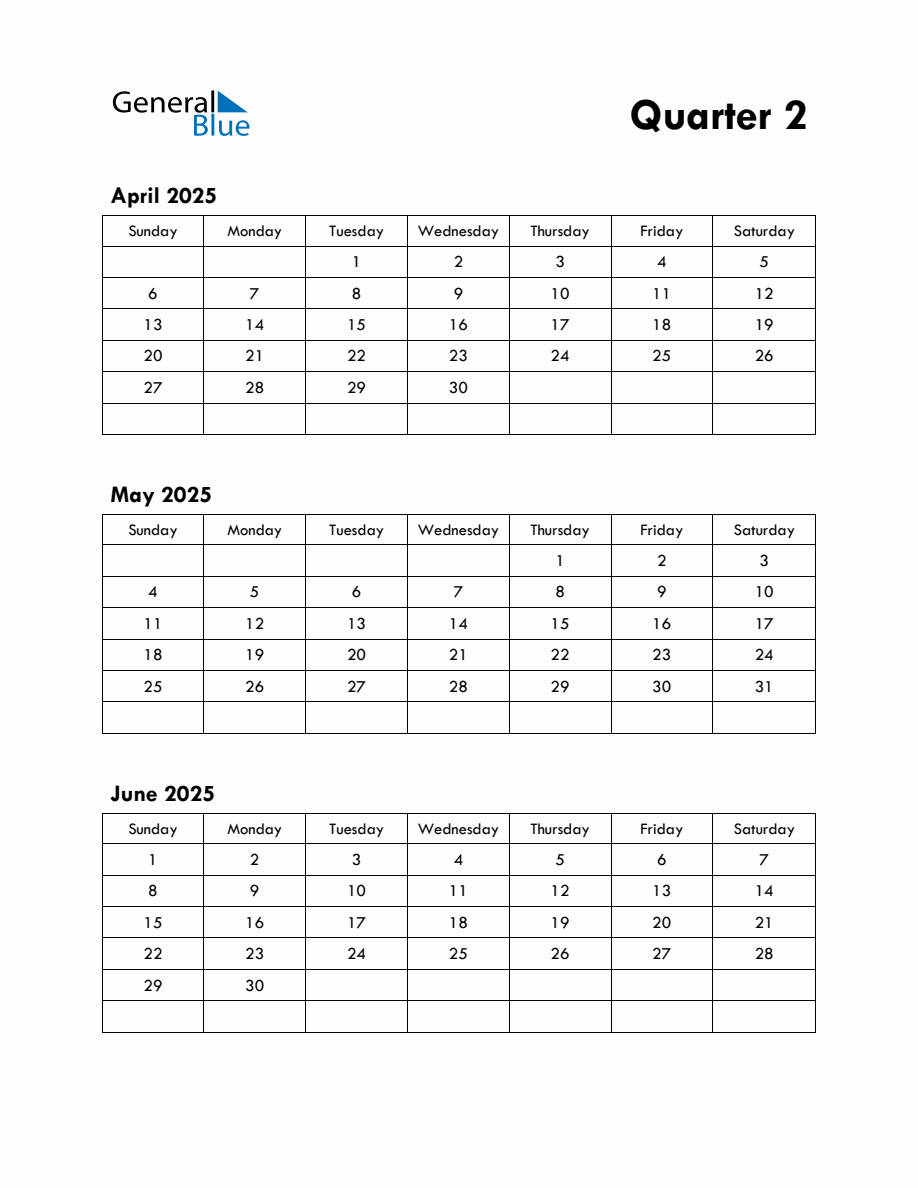 Quarter 2 2025 Calendar with Sunday Start