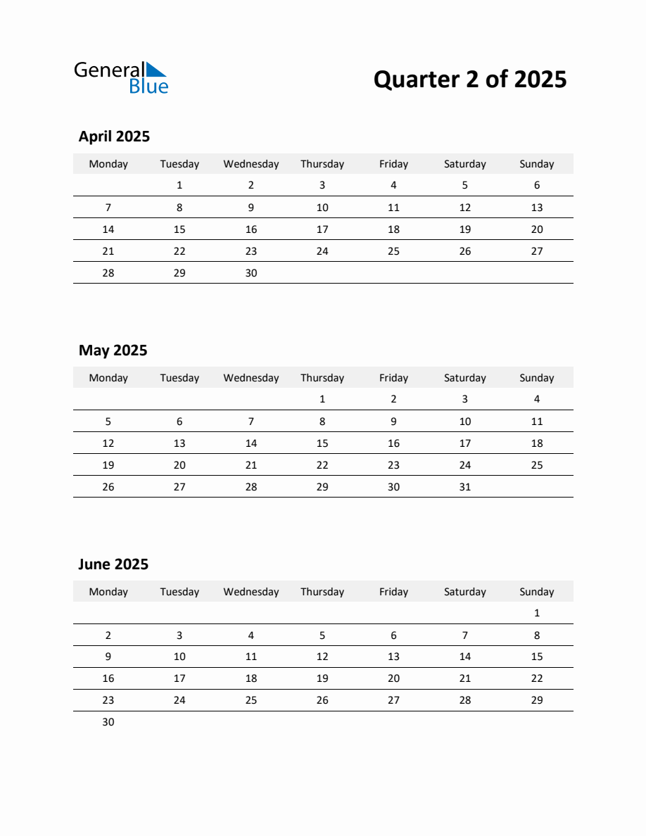 2025 Q2 ThreeMonth Calendar (April, May, and June)