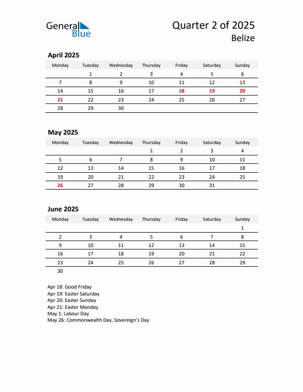 2025 Three-Month Calendar for Belize