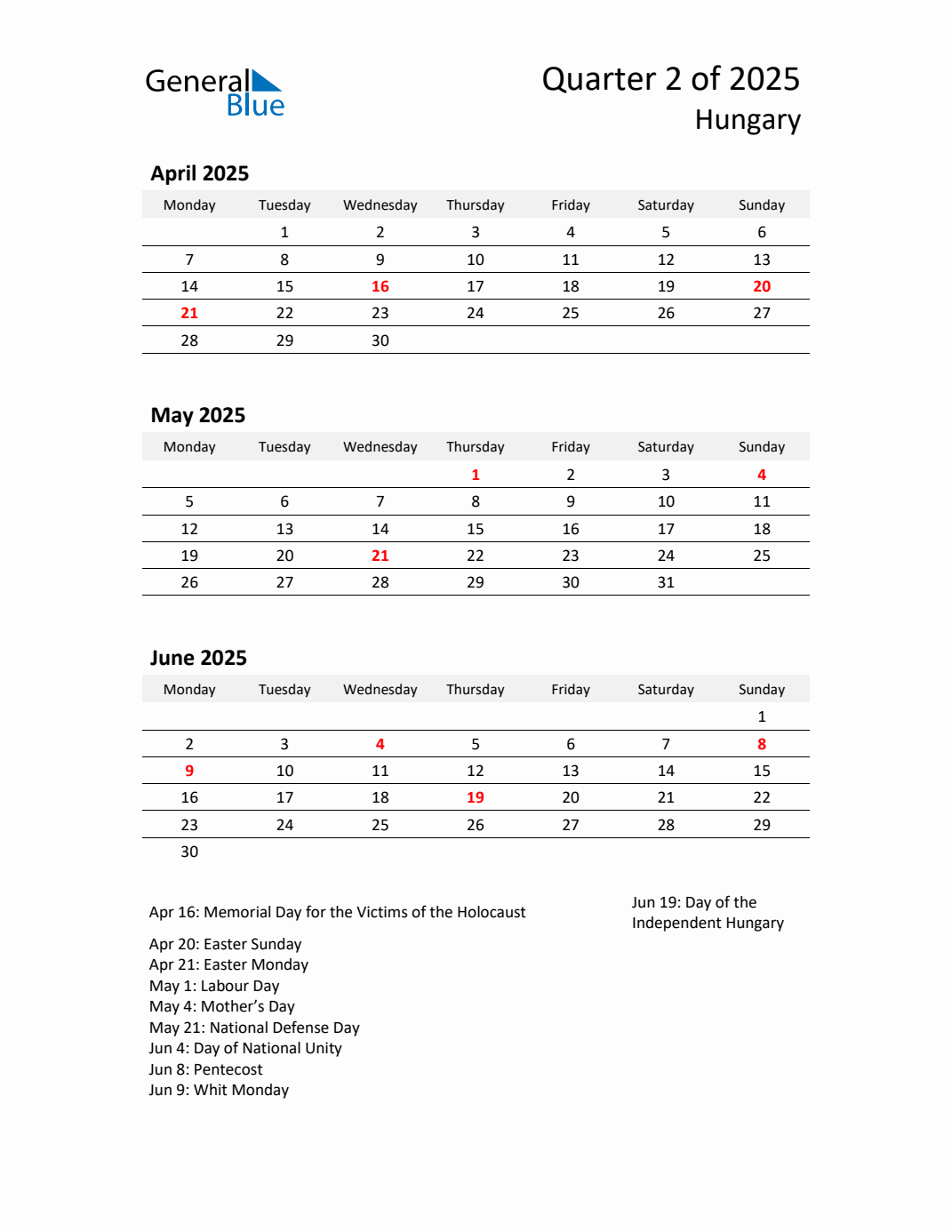 Q2 2025 Monday Start Quarterly Calendar with Hungary Holidays