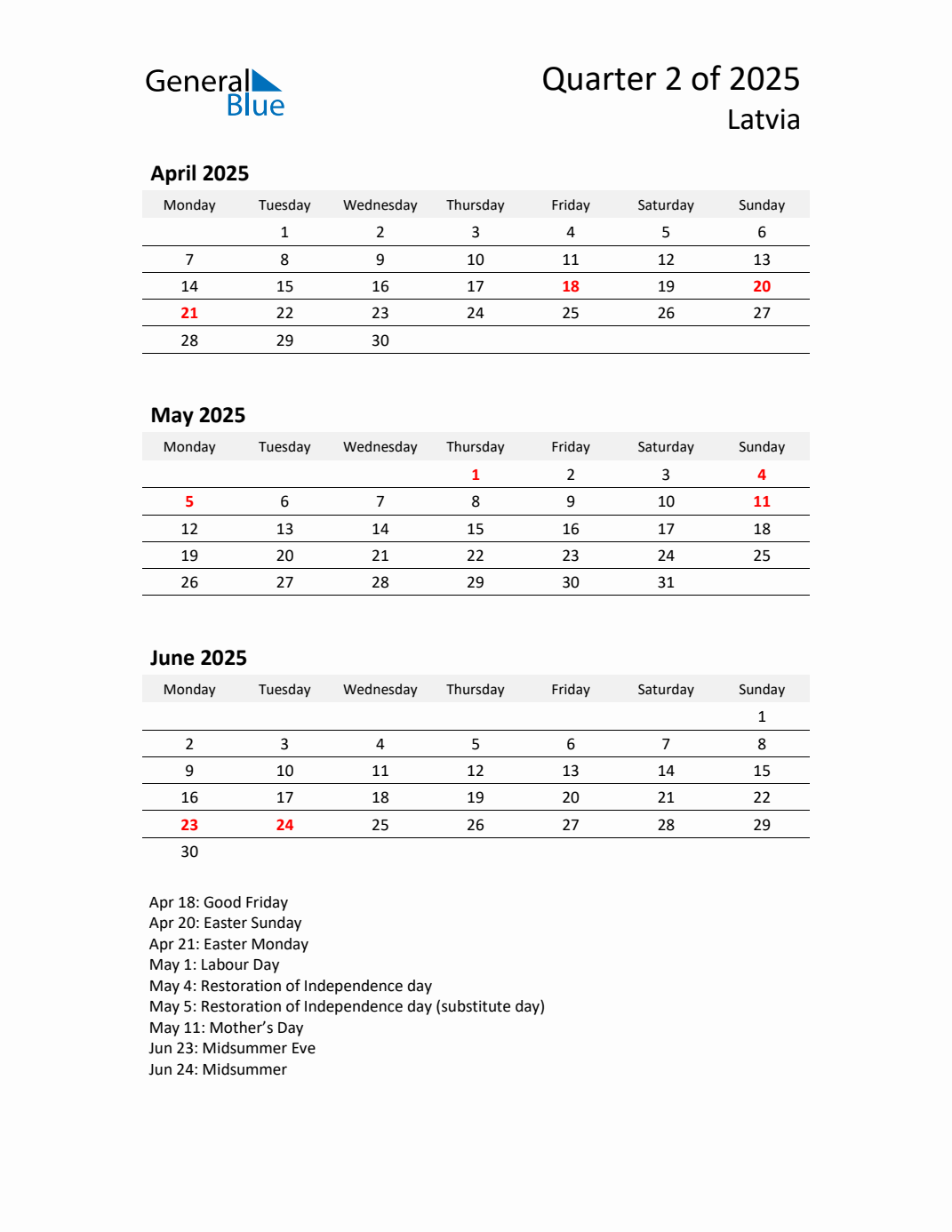 Threemonth calendar for Latvia Q2 of 2025