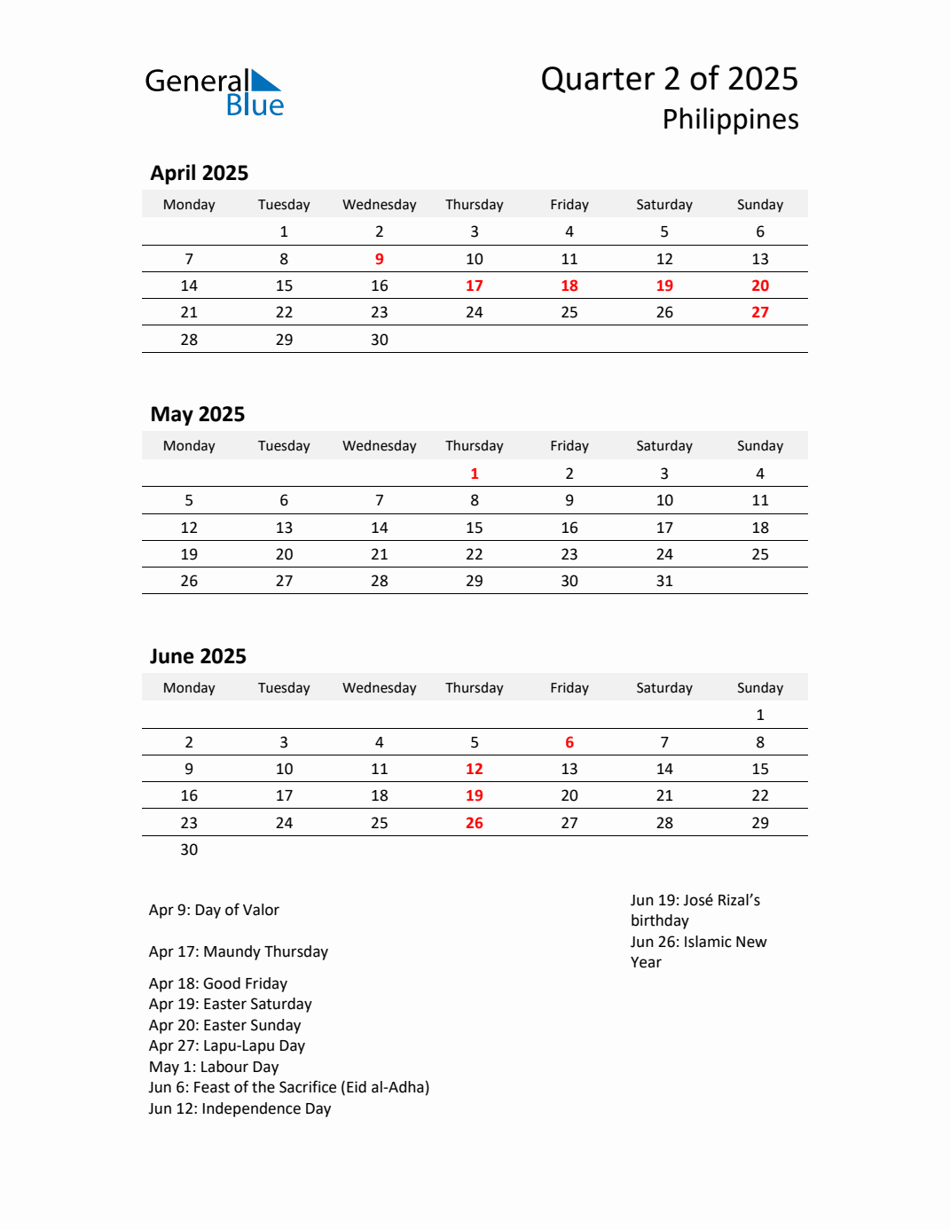 Threemonth calendar for Philippines Q2 of 2025