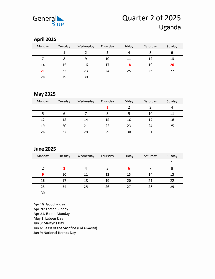 2025 ThreeMonth Calendar for Uganda