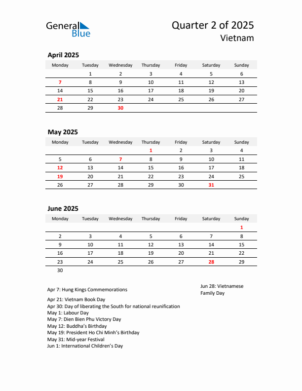 2025 Three-Month Calendar for Vietnam