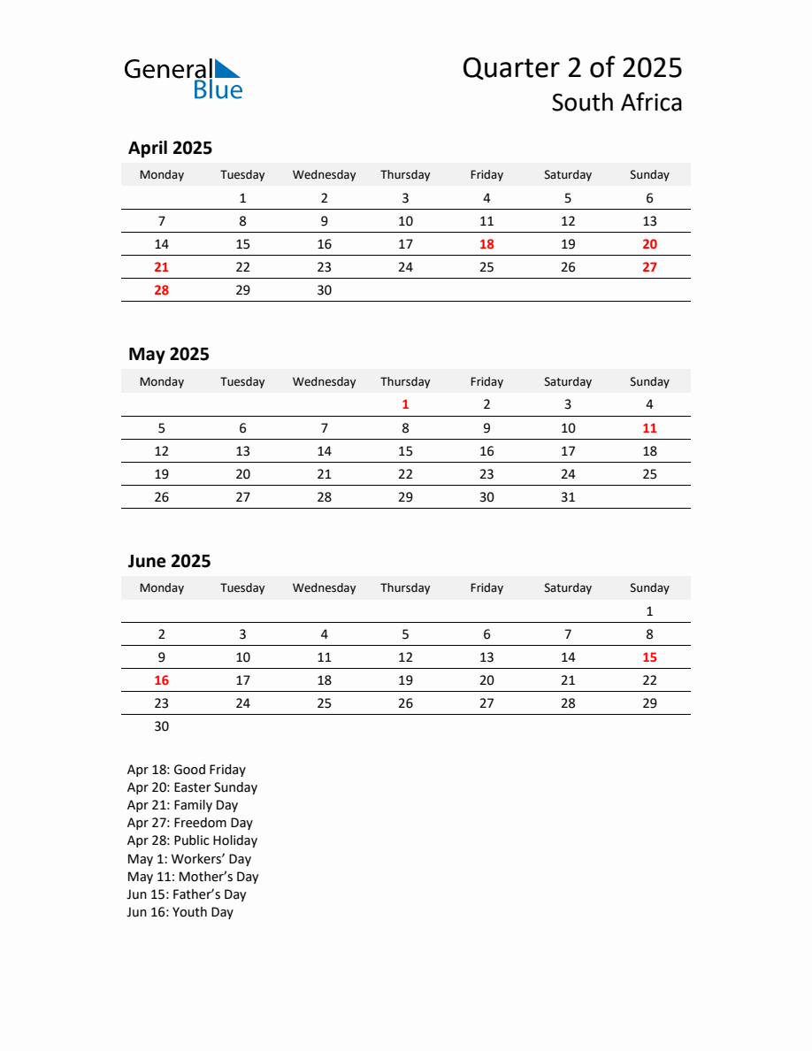 2025 ThreeMonth Calendar for South Africa