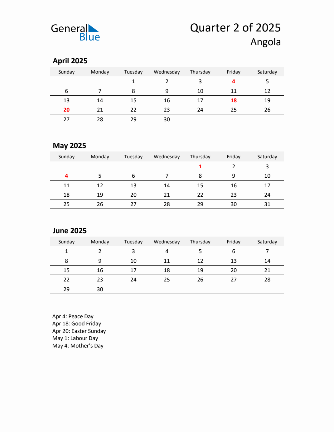 Q2 2025 Quarterly Calendar With Angola Holidays