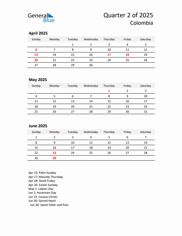 Q2 2025 Quarterly Calendar with Colombia Holidays